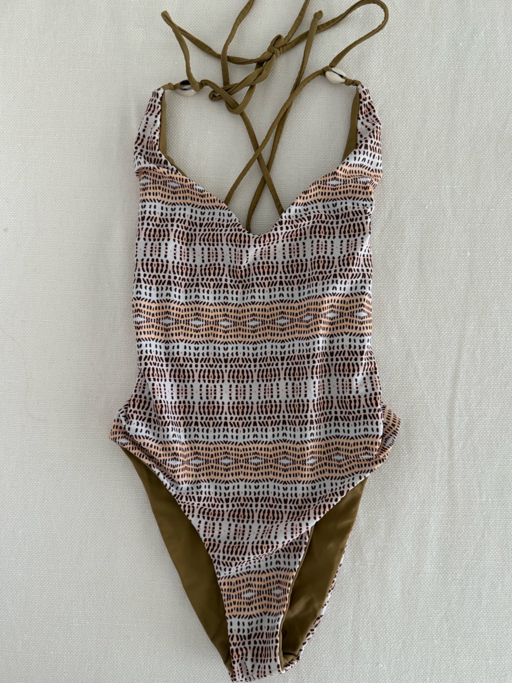 Reversible Patterned One-Piece Swimsuit in Olive and Peach